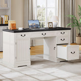 YITAHOME Executive Desk with Power Outlets, 59" Farmhouse Computer Desk with Drawers, Wood Office Desk with Storage Cabinet, Keyboard Tray, Workstation for Home Office, Black & Off White YITAHOME
