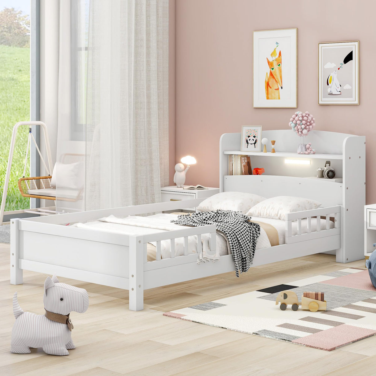 Favfurish White Twin Size Platform Bed with LED Light, Storage Headboard, and Guardrails Favfurish