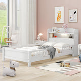 Favfurish White Twin Size Platform Bed with LED Light, Storage Headboard, and Guardrails Favfurish