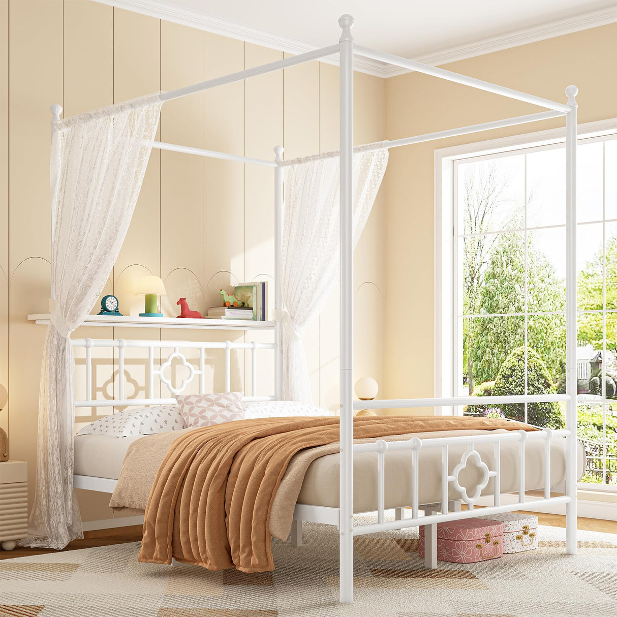 Homkdom Canopy Bed Frame with Storage Headboard, Full Size Bed Frame with 4 Removable Posts, Sturdy Metal Platform with Under-Bed Storage, Dual Purpose Bed Frame, No Box Spring Needed, White Homkdom