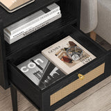 Night stand Set of 2, Bedside Tables with Charging Station, Rattan End Tables, Boho Bed Side Tables, Wood Nightstands set of 2 for Farmhouse Bedroom Living Room Dorm Sofa Couch Office Corner (Black) MECHYIN