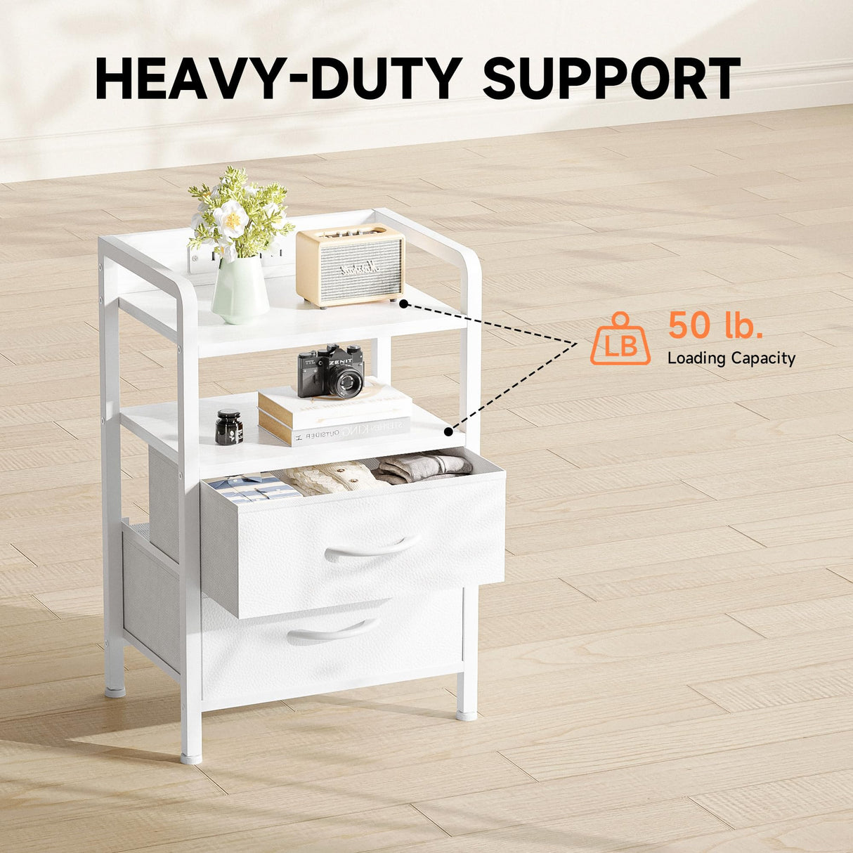 Night Stand Bedside Table Bedroom - Nightstand with Charging Station & LED Light Strip, Bed Side Table with Storage Shelf & 2 Fabric Drawers, Morden White End Table with U-S-B Ports & AC Outlets Lazzanto