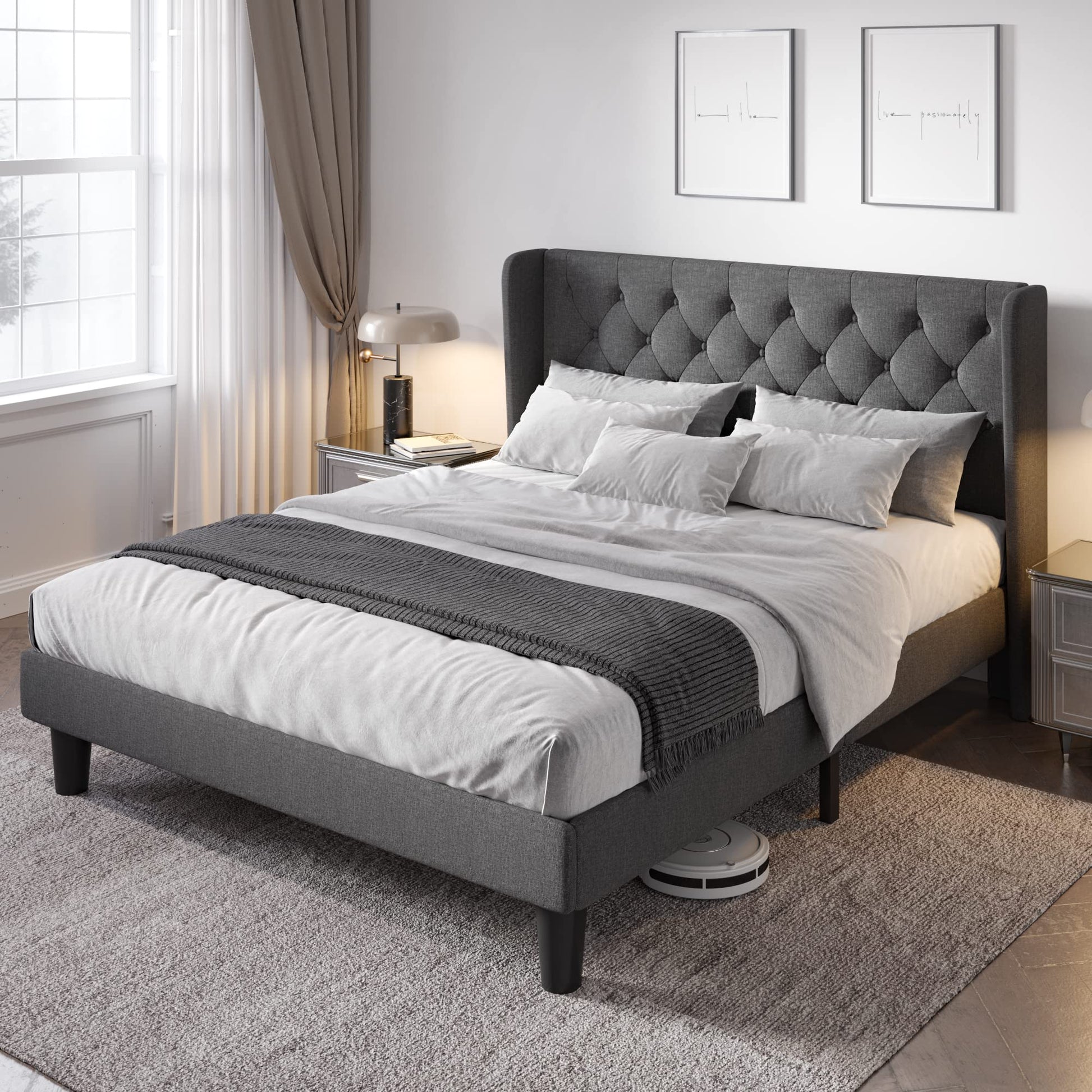 Allewie Modern Fabric Upholstered Full Size Bed Frame with Button Tufted Wingback Headboard in Dark Grey - WoodArtSupply