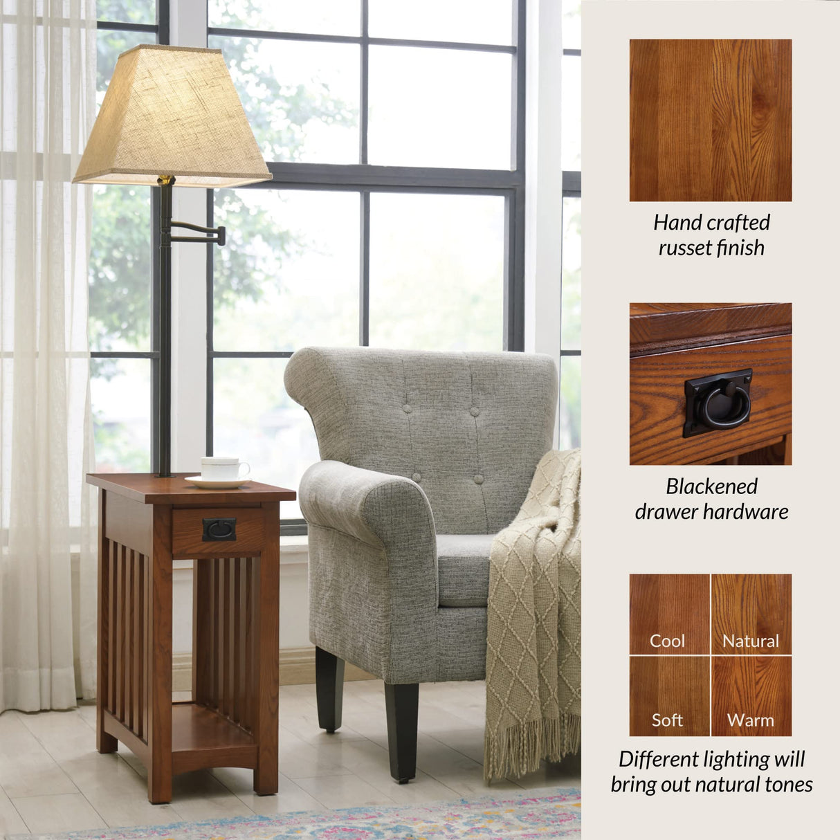 Leick Home 10028 Mission Lamp Table, Made with Solid Wood, End Table for Living Room, Bedroom, and Home Office, Medium Oak Finish Leick Home