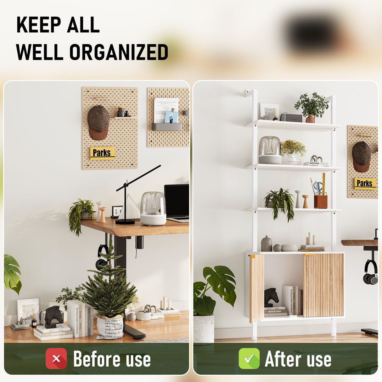 74" Tall Bookshelf with Storage Cabinet, Modern Ladder Shelf with Wood and Metal Frame, Wall Mount Bookcase Open Display Shelf Furniture for Living Room, Bedroom, Home Office, White and Oak INNOD