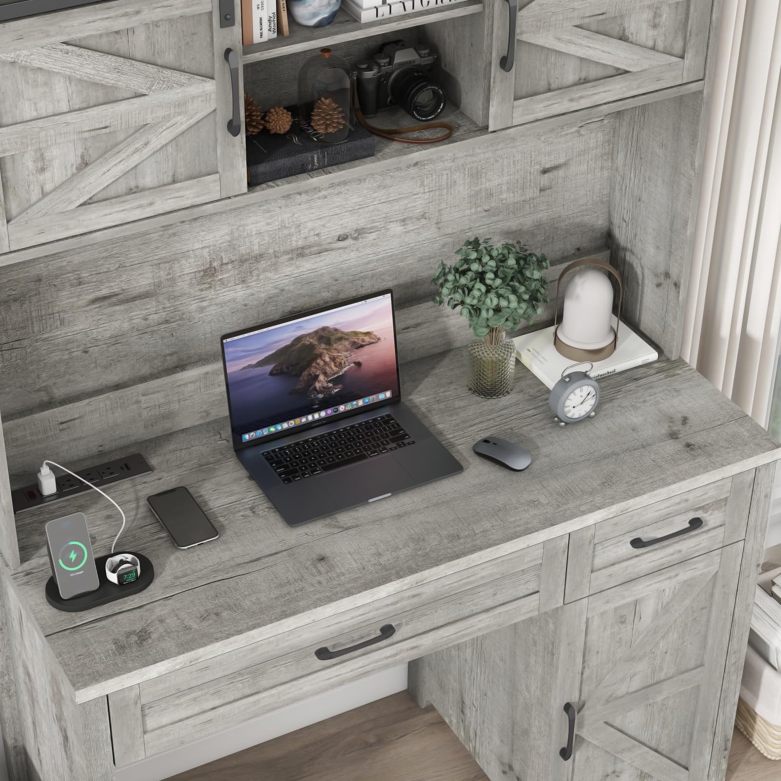 Halitaa Farmhouse 47'' Executive Desk, I-Shape Desk with 3 Drawers, 2 Cabinets, Gray Oak, for Home Office - WoodArtSupply