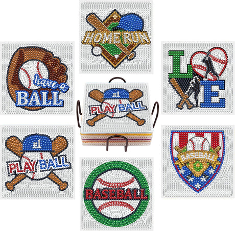 6 Pcs 5D DIY Baseball Diamond Paintings Coasters with Holder for Adults Beginners, Round Full Drill Diamond Art Craft Supplies QLBD-20 WoodArtSupply