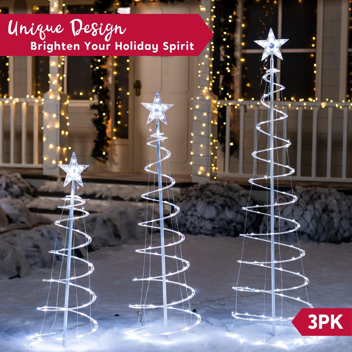 JOIEDOMI 3 Packs Christmas Spiral Tree Yard Light 218 Pre-Lit LED Cool White Lights with Metal Stakes for Indoor Outdoor Garden Holiday Decoration, Christmas Event, Christmas Eve Night Décor