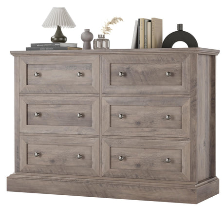 FACBOTALL Modern 6 Drawer Double Dresser, Wood Dresser Chest, Wide Chest of Drawers with Deep Drawers & Mental Double Handles for Hallway Living FACBOTALL
