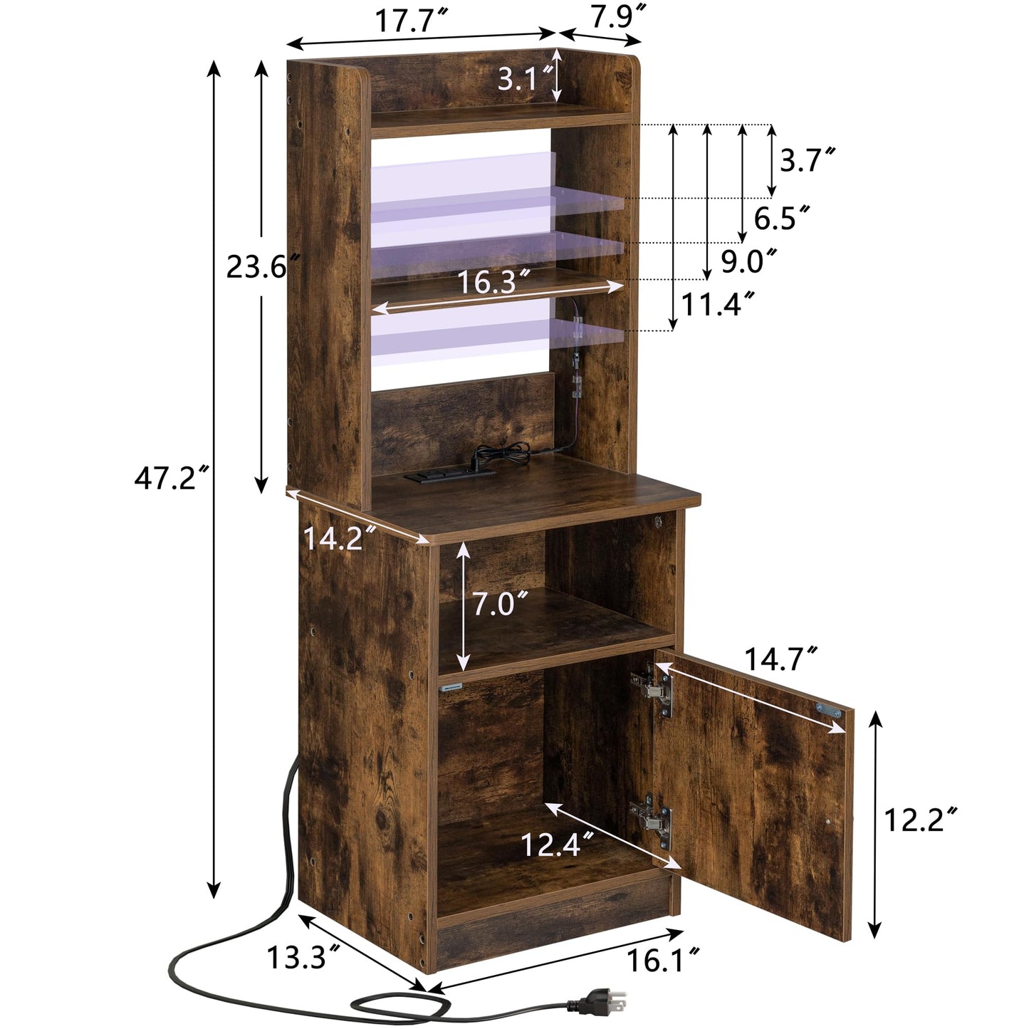 Clikuutory 47" Tall Rustic Nightstand with Charging Station, LED Lights, and Adjustable Shelves - WoodArtSupply