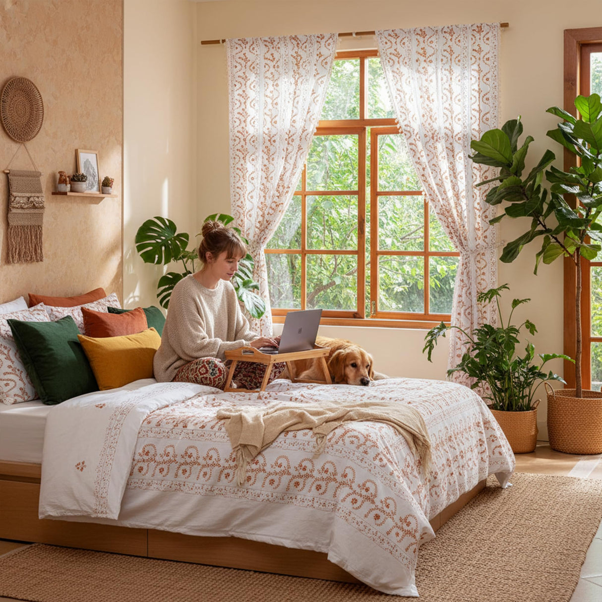 TIVNICO Boho Farmhouse Curtains for Living Room 2 Panels,Linen Floral Fall Curtains 84 Inches Long,Privacy Country Vine Pattern Bedroom Curtain,Let Light in Window Drapes Beige Color TIVNICO
