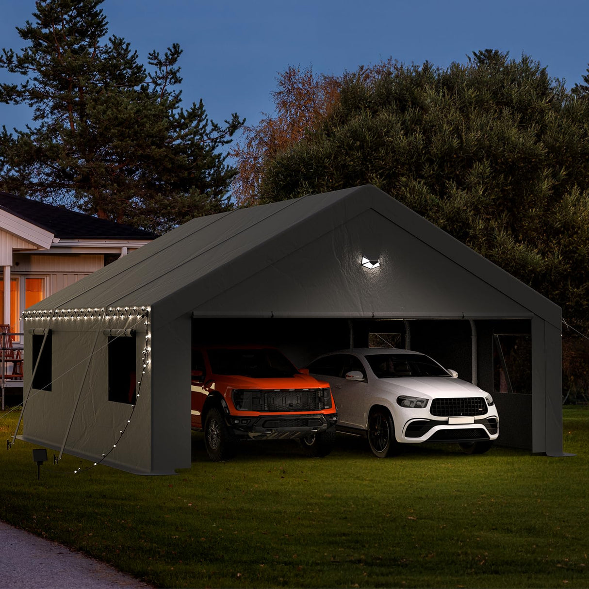 Benass 20x20 Carport Canopy, Heavy Duty Car Port, Portable Car Ports Garage with 2 Roll-Up Drive Through Doors, Grey Benass