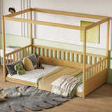 Twin Size Canopy Bed Frame with 4 Posters and Guardrails, Twin Size Montessori Floor Bed with High Fence, Natural Bellemave