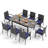 PHI VILLA 9 Piece Large Outdoor Dining Table Set for 8, Expandable Rectangular Steel Dining Table & Cushioned Rattan Wicker Chairs, Dining Furniture Set for Patio, Deck, Yard PHI VILLA