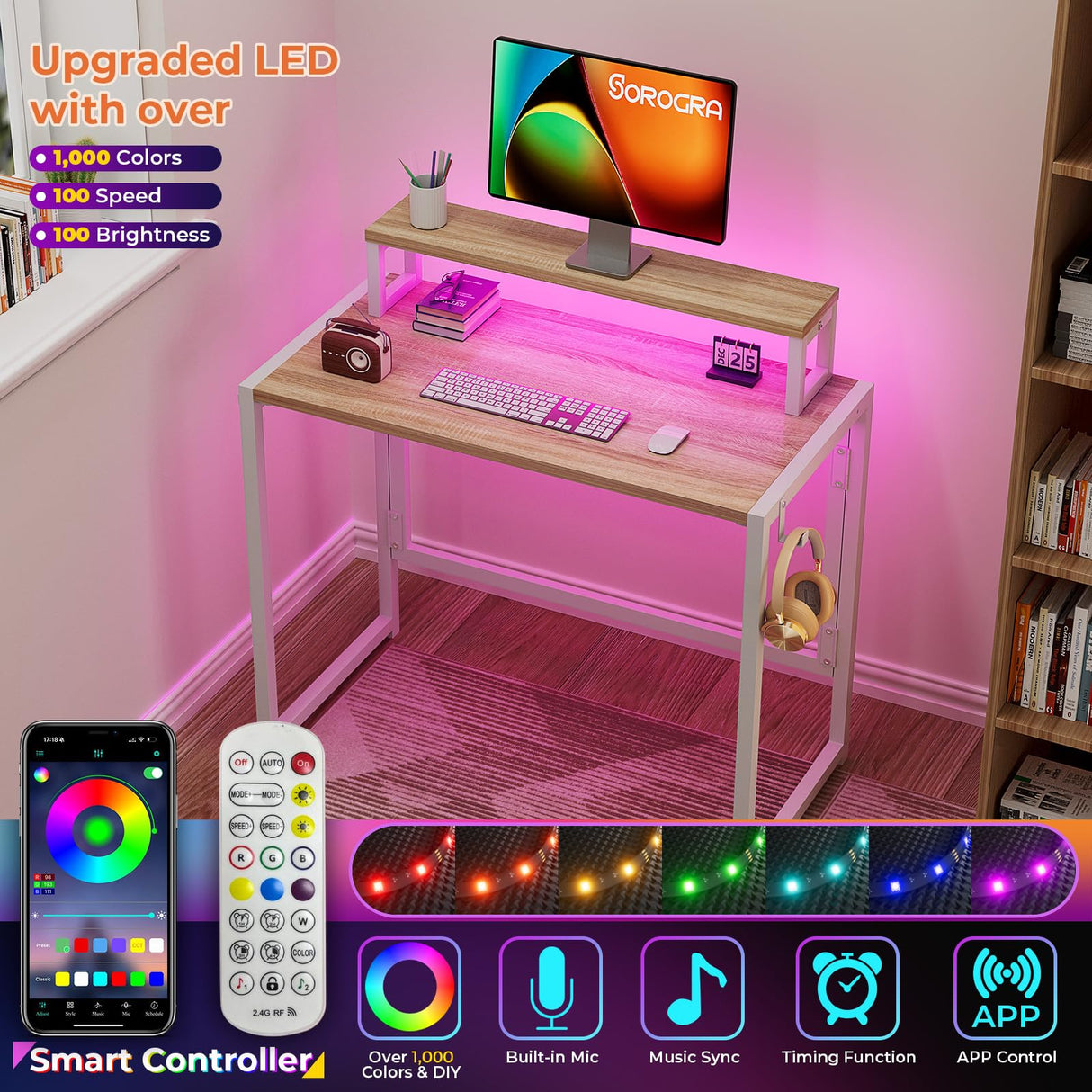 SOROGRA Small Folding Desk 31.5 Inch, Foldable Computer Desks with LED Lights and Monitor Stand, Work Portable Table for Bedroom Home Office, Oak SOROGRA