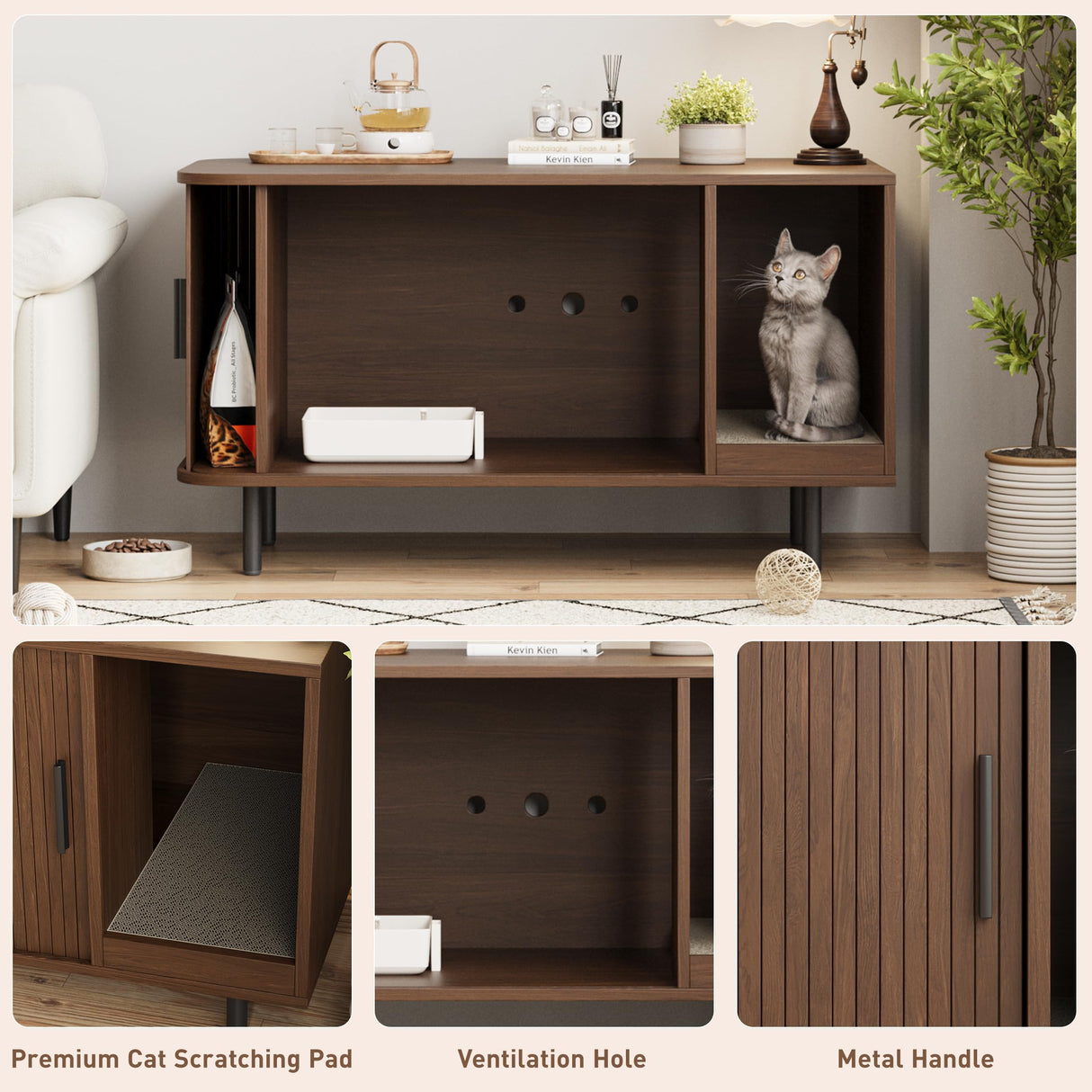 Cat Litter Box Enclosure with Cat Scratch Pad, Sliding Door, 37.4" Litter Box Enclosure Furniture Hidden Litter Box, Modern Indoor Cat House, TV Stand, Side End Table for Living Room, Walnut Halitaa