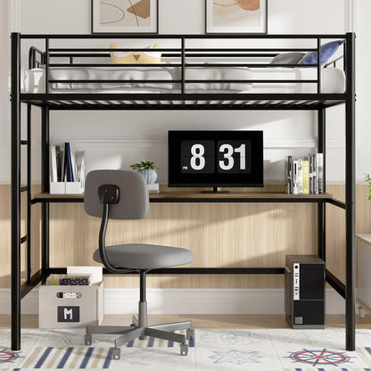 VECELO Twin Size Metal Loft Bed with Desk, Removable Ladder & Safety Guardrails, Space-Saving Design in Black - WoodArtSupply