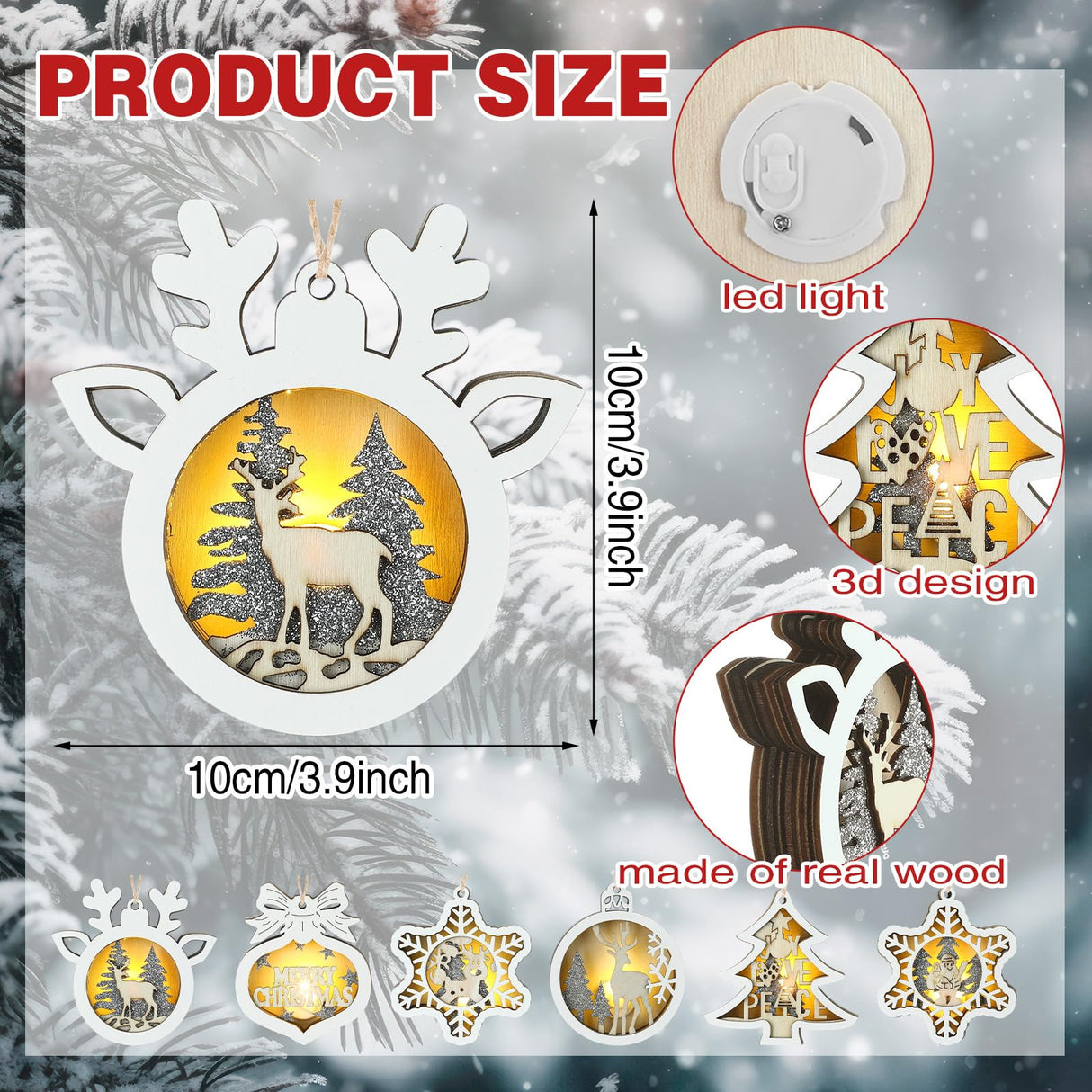 Anglechic 6 Pcs LED Christmas Tree Ornaments Rustic 3D Light up Wooden Christmas Hanging Ornaments Xmas Farmhouse Reindeer Santa Claus Snowflake Decor with Lights for Winter Wonderland Decorations Anglechic