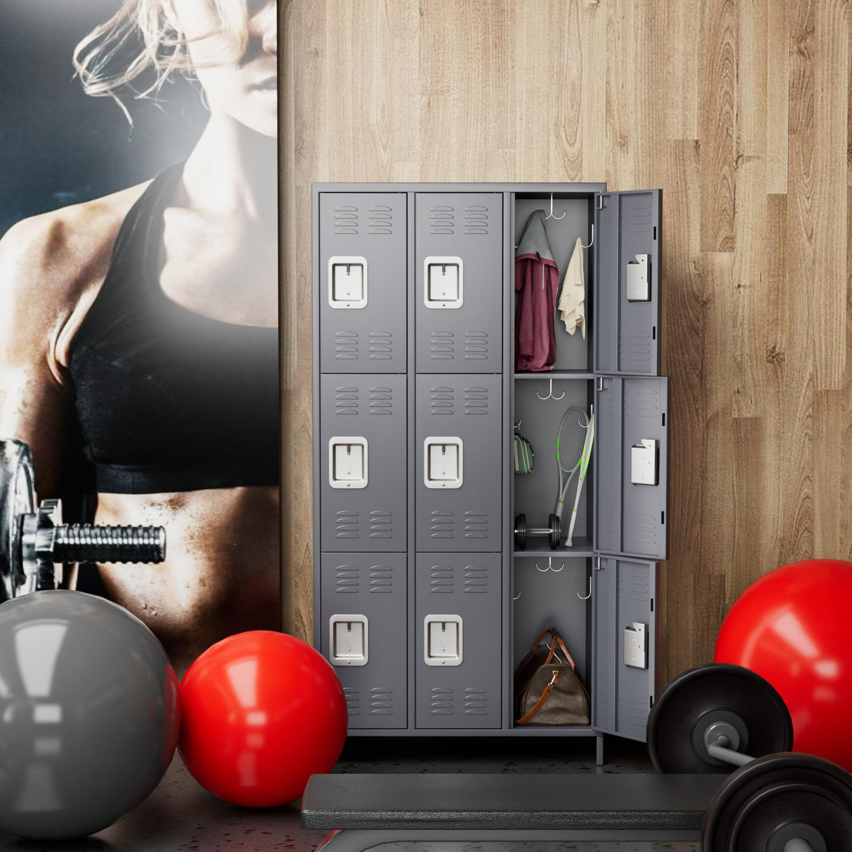 SUXXAN 9 Doors Storage Locker Combination with 18 Hooks,Industries Double Tier Metal Locker for School Office Gym Home Employees Staff Sundries Room W35.43*D15.7*H72(Dark Grey) SUXXAN