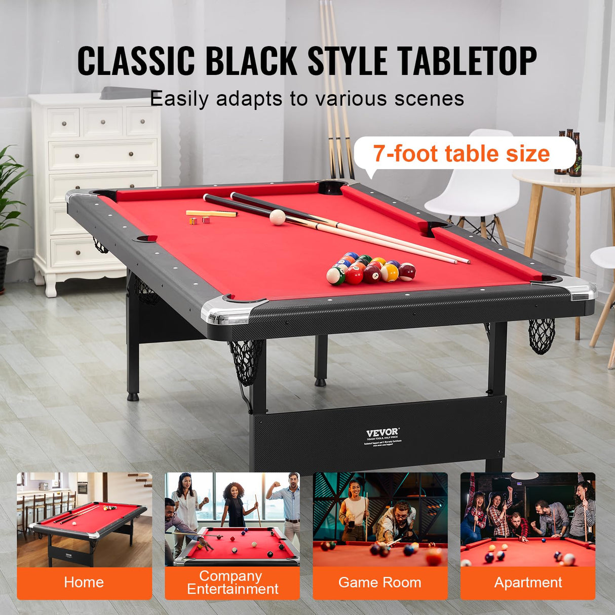 VEVOR Billiards Table, 7 ft Pool Table, Portable Foldable Space-Saving Table, Billiard Table Set Includes Balls, Cues, Chalks and Brush, Black with Red Cloth, Perfect for Family Game Room Kids Adults VEVOR