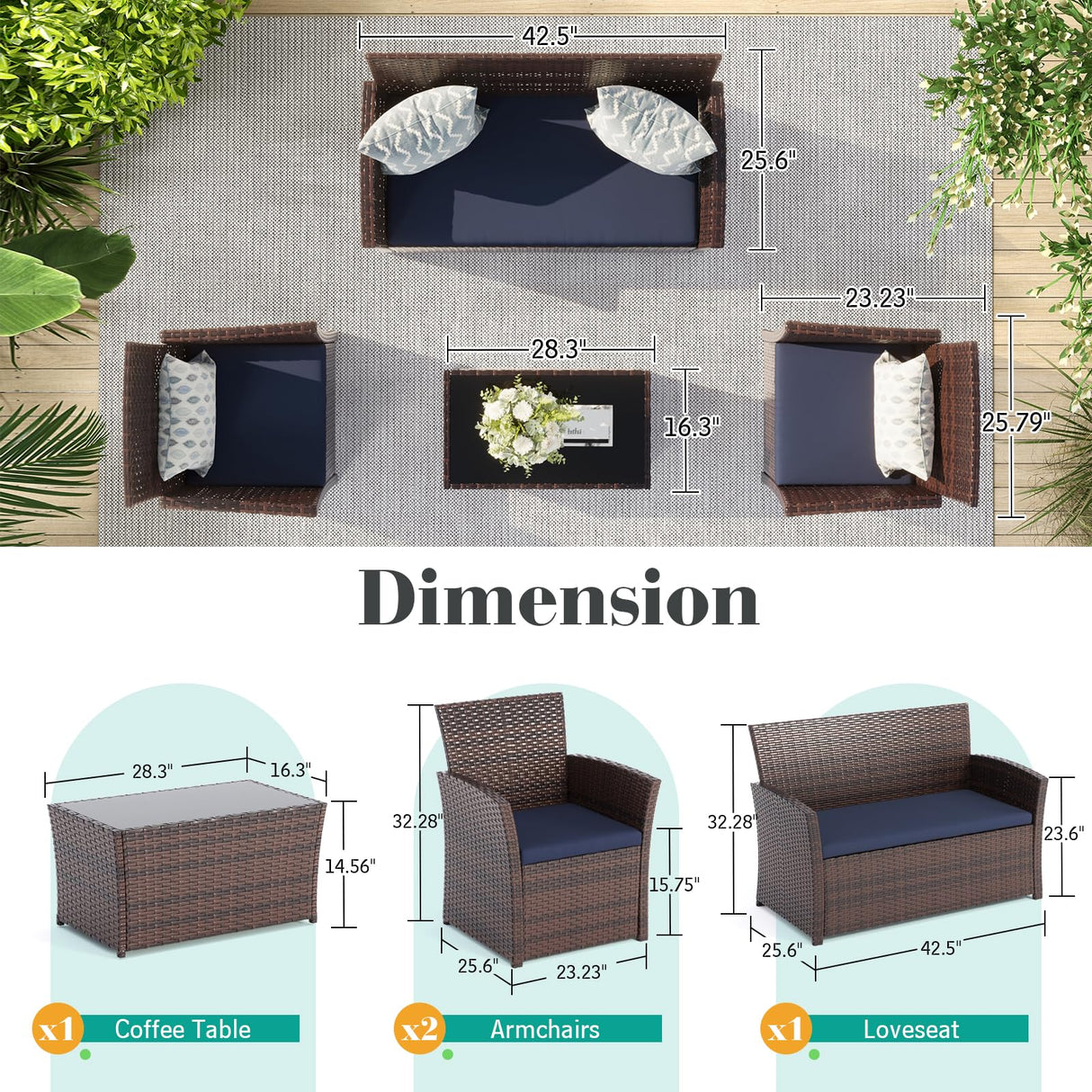 LUCIMUNDI 4 Piece Outdoor Patio Furniture Set, All-Weather Wicker Conversation Sets Include Coffee Table, Armchair, Loveseat, Sectional Furniture for Indoor Outdoor Backyard Pool Garden (Brown & Blue) LUCIMUNDI