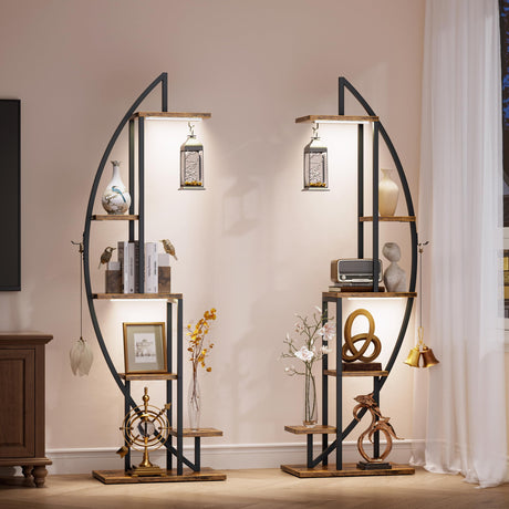 BECOKOME Bookshelf with Lights, 2 Pack Unique Bookshelves, 63" Ladder Tall Book Shelf, 6 Tier Arched Bookcase for Collectibles, Half-Moon Wide Display Book Stands for Bedroom Living Room, Rustic Brown BECOKOME