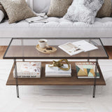 Nathan James Asher Mid-Century Rectangle Coffee Table Glass Top and Wood Finish Storage Shelf with Metal Legs, Walnut/Black Nathan James