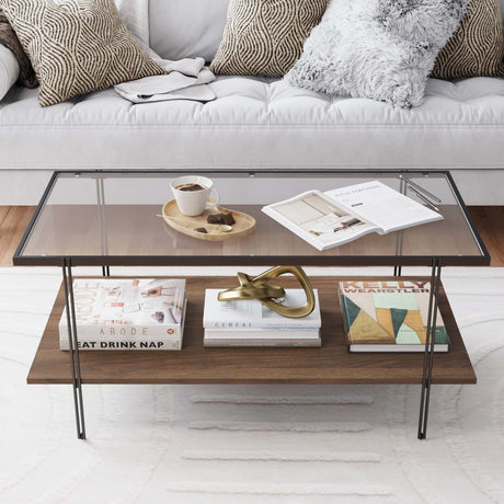 Nathan James Asher Mid-Century Rectangle Coffee Table Glass Top and Wood Finish Storage Shelf with Metal Legs, Walnut/Black Nathan James