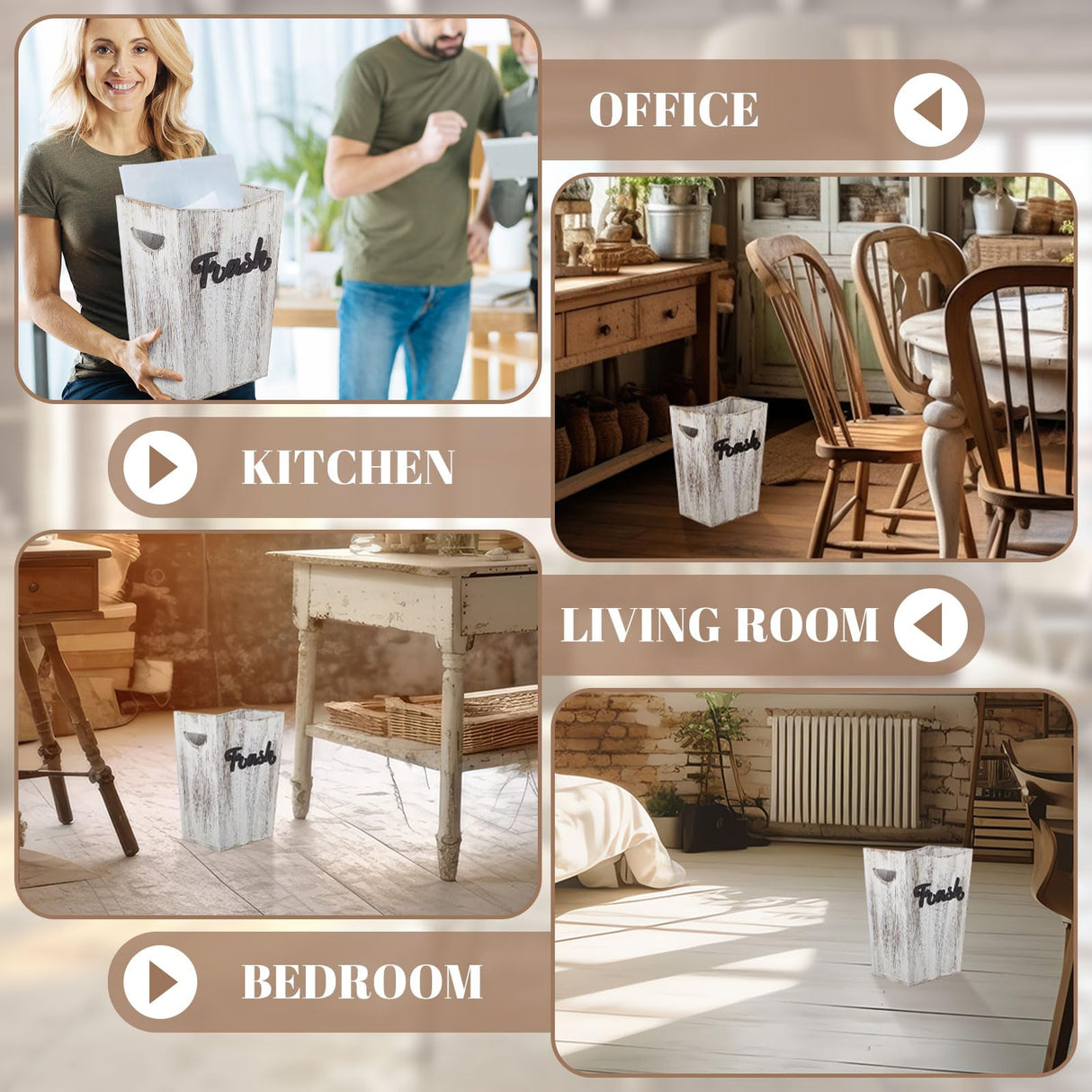 Maxcheck 2 Pcs Farmhouse Bathroom Wood Trash Can, 2 Sizes Rustic Square Wastebasket Bin with Convenient Handle for Bathroom, Kitchen, Bedroom, Office(White) Maxcheck