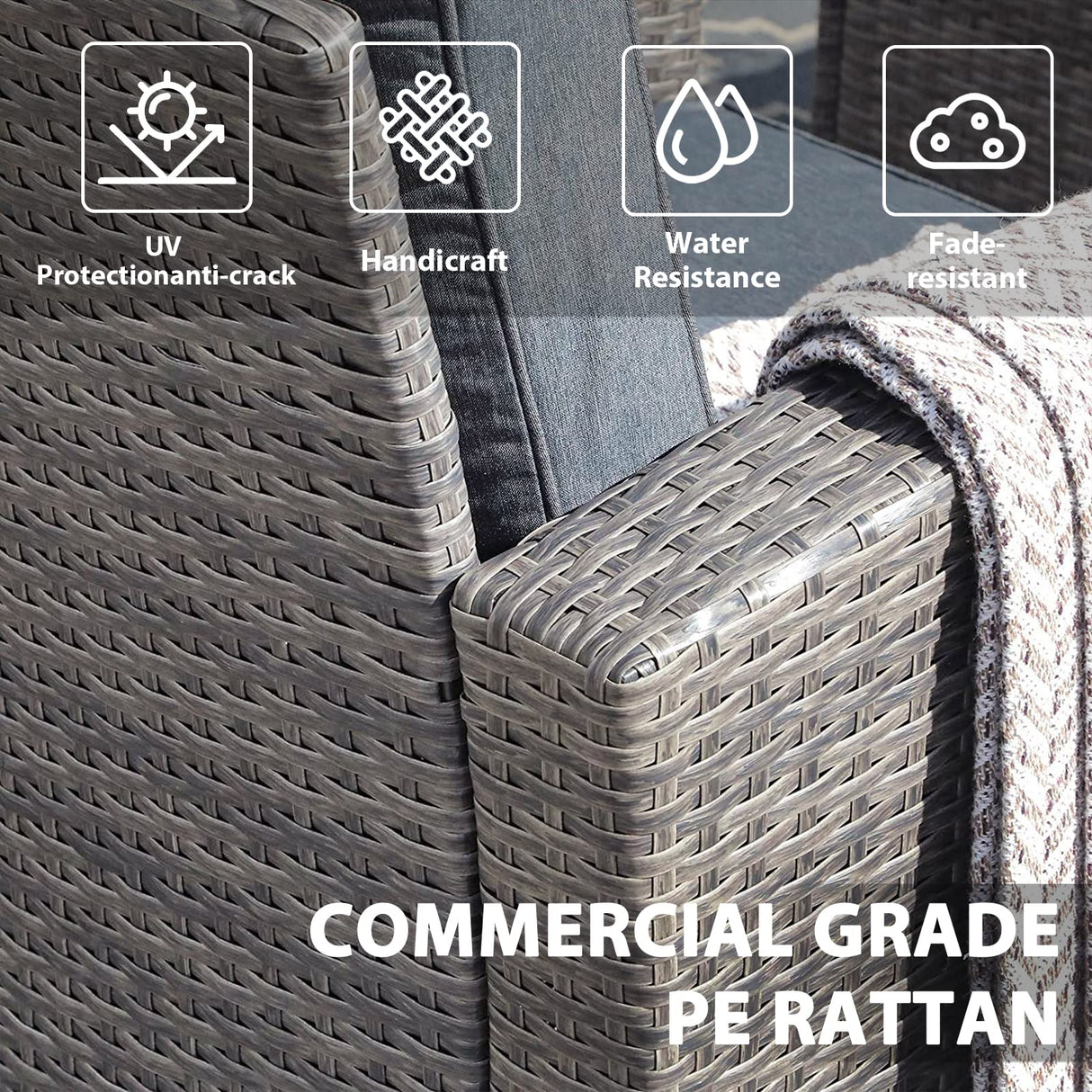 JOIVI Patio Furniture Set, All-Weather Outdoor U-Shaped Patio Conversation Set, 4 Piece PE Rattan Wicker Small Sectional Patio Sofa Set with Tempered Glass Coffee Table, Dark Gray JOIVI