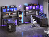 SEDETA L Shaped Gaming Desk with Drawers, L Shaped Computer Desk with Hutch and Storage Shelves, Gaming Desk with Pegboard, Led Lights, and Power Outlet, Home Office Desk, Corner Desk, Black SEDETA