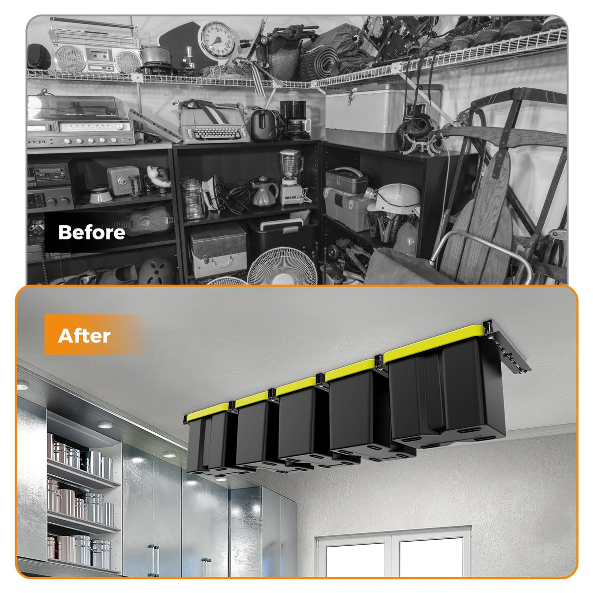 BEAMNOVA Overhead Garage Storage Rack, Heavy Duty Ceiling Storage System for Garages, Sheds, Storerooms Overhead Bin Storage (6 PCS, for 5 Bins) BEAMNOVA