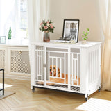 YITAHOME Dog Crate Furniture, 31.9" Heavy Duty Dog Cage, Wooden Side End Table with Wheels, Chew-Resistant Metal Dog Kennel with Removable Tray, Dog House Indoor for Small Medium Dogs, White YITAHOME