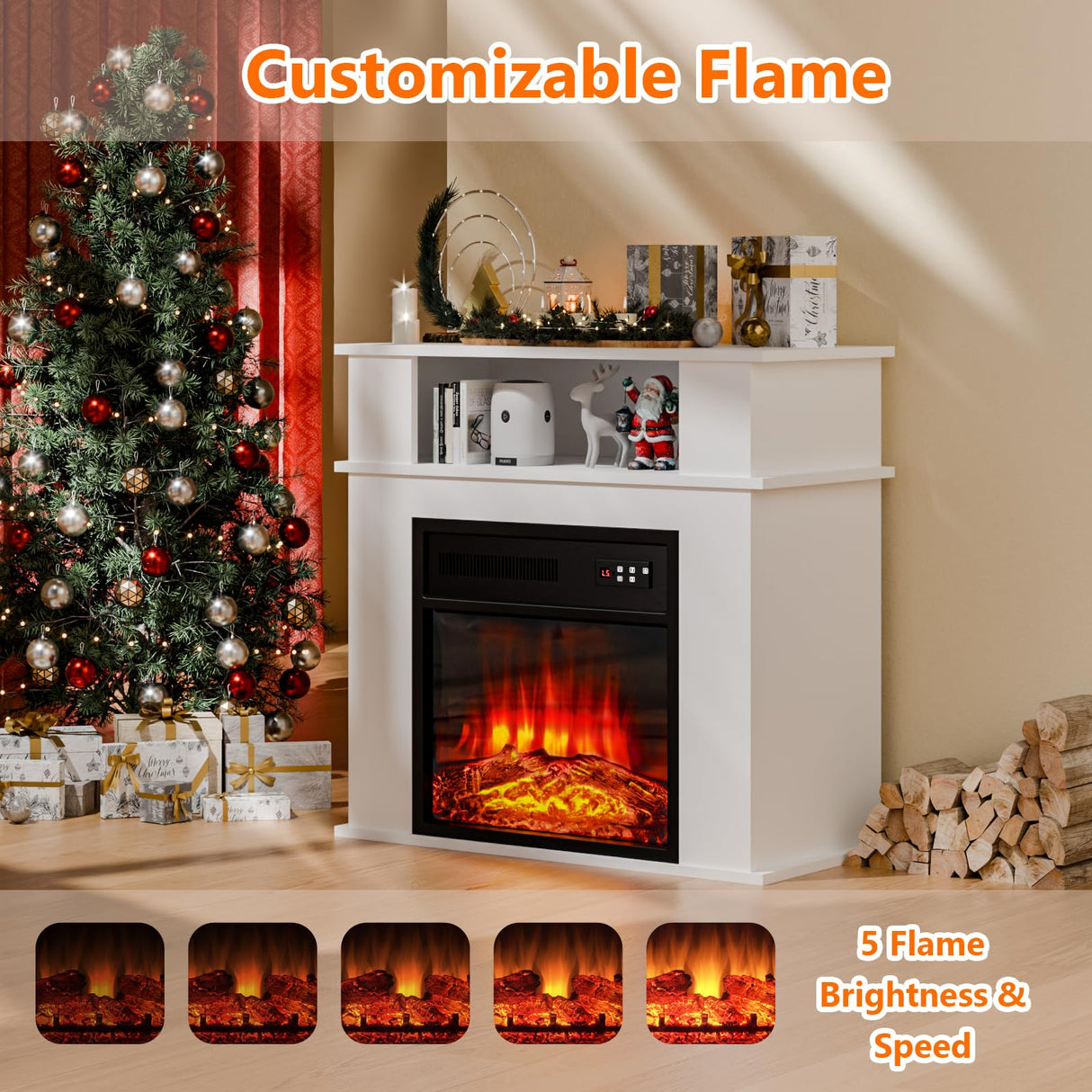 BOSSIN 28" Electric Fireplace with Mantel, 18 inch Electric Fireplace Insert with Remote Control, 5 Adjustable Brightness, Freestanding Mantel Fireplace with Storage Shelf for Living Room,White BOSSIN