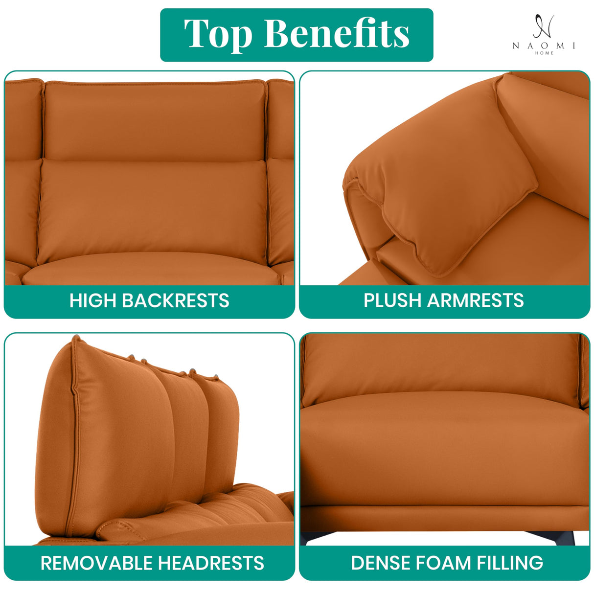 Naomi Home High Back Sectional Sofa, Oversized L-Shaped 4 Piece Modular Sectional with Ottoman, Convertible Couch with Headrests and Armrest Pillows for Living Room or Apartment, Caramel Naomi Home