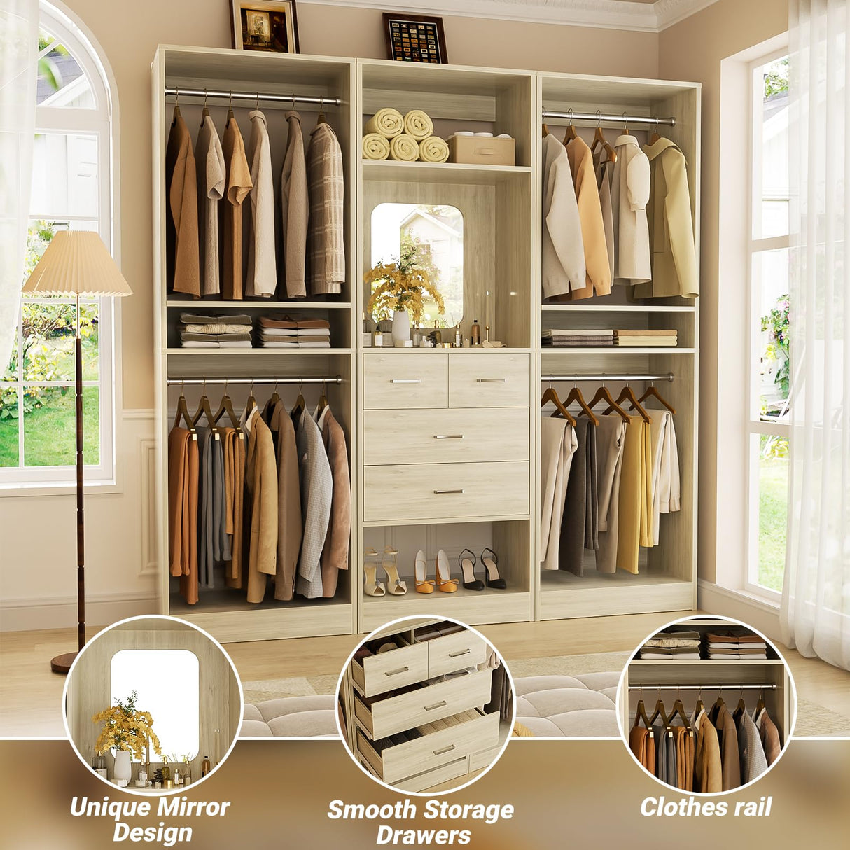 Unikito 75” Closet System with 4 Drawers, 6.3FT Wood Walk in Closet Organizer with Hanging Rods and Mirror, Reversible Large Closet Wardrobe with Shelves, Max Load 2000 LBS, White Oak Unikito