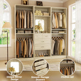 Unikito 75” Closet System with 4 Drawers, 6.3FT Wood Walk in Closet Organizer with Hanging Rods and Mirror, Reversible Large Closet Wardrobe with Shelves, Max Load 2000 LBS, White Oak Unikito