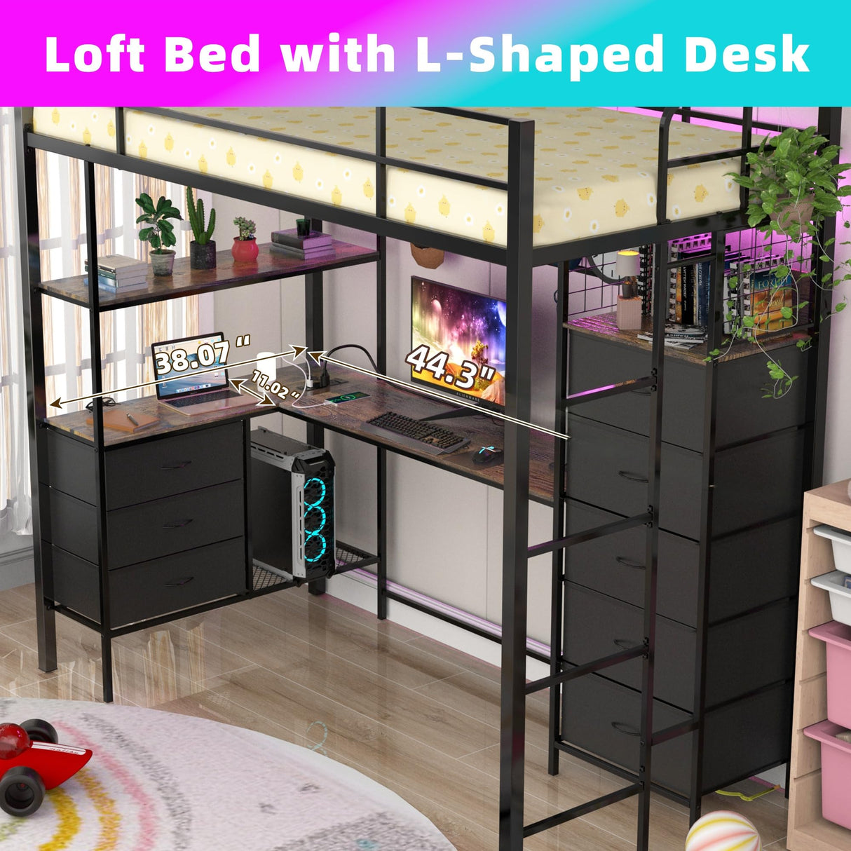 SAHISTCT Twin Size Loft Bed with Desk, LED Lights, Charging Station, Industrial Loft Bed Frame with 3 Storage Shelves and 8 Fabric Drawers, Safety Guard & Ladder,LED Metal Twin Size Bunk Bed SAHISTCT