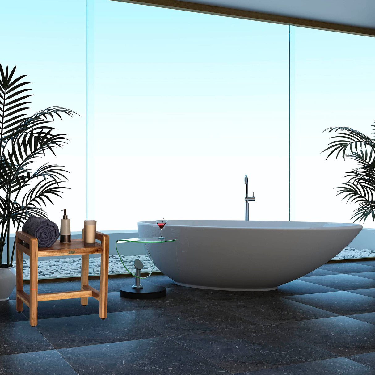 EcoDecors, Eleganto, 20", Teak Shower Bench, Teak Shower Stool, Safety Arms, Shower Seat, Teak Shower Seat, Shower Transfer Bench, Teak Shower for Inside Shower EcoDecors