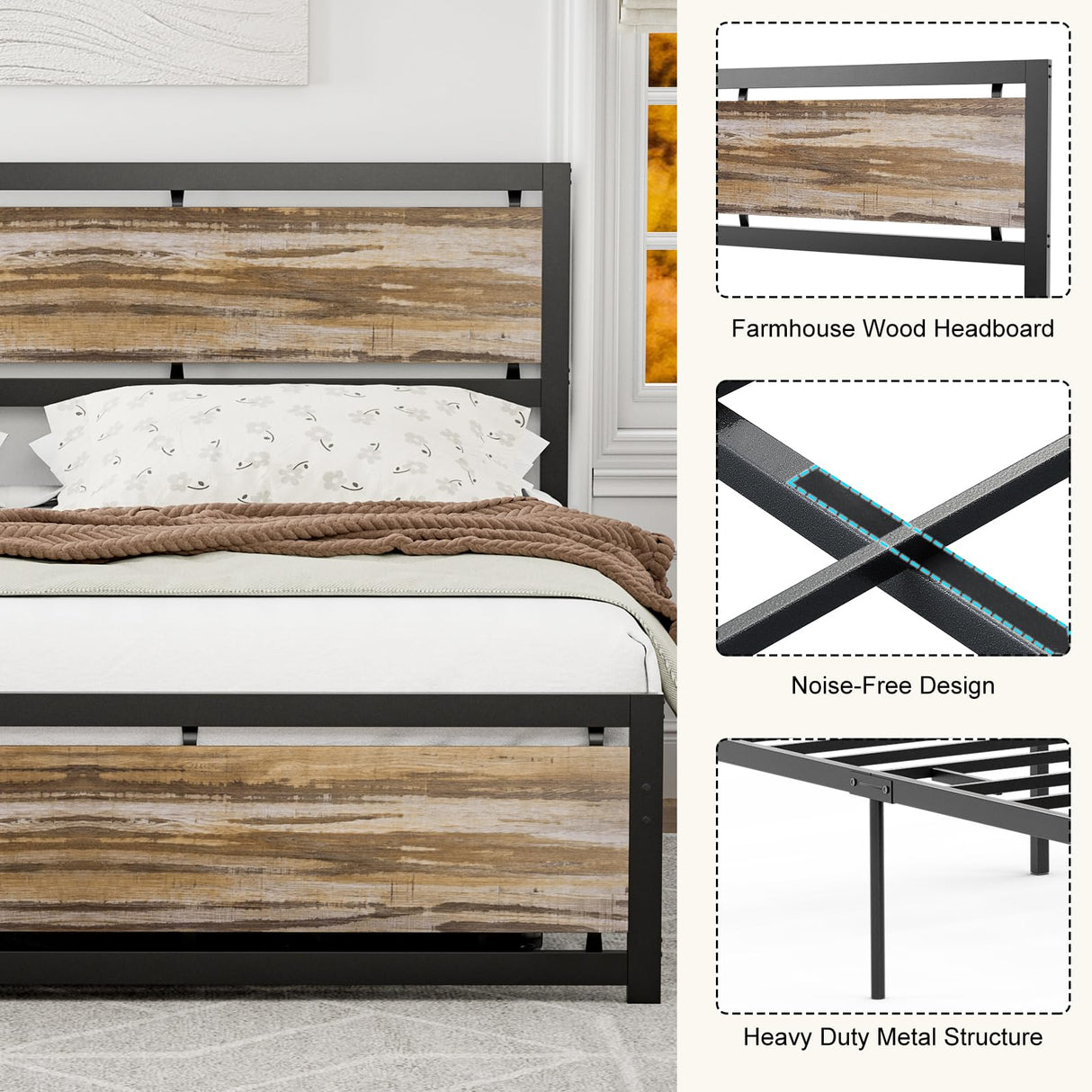 IKIFLY King Size Farmhouse Metal Bed Frame with Wooden Headboard and Footboard, Heavy Duty Steel Slats, Easy Assembly, Light Brown IKIFLY