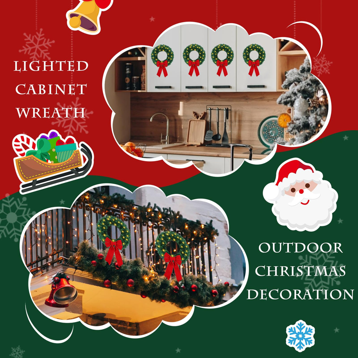 6 Pcs Lighted Outdoor Christmas Wreaths 15 Inch Cordless Pre-Lit Christmas Wreaths with Red Bow Battery Operated LED Xmas Wreath Ornaments for Windows Cabinets Outside Porch Decorations Classic Simihiran