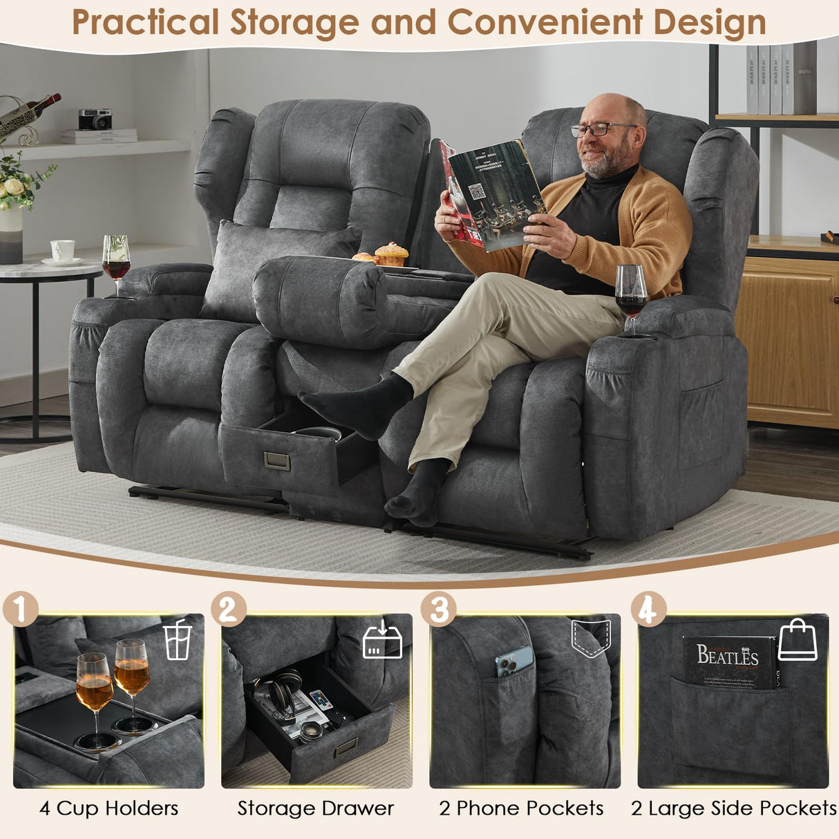 SAMERY 68" RV Loveseat Recliner Sofa, 6" Wall Hugger Reclining Loveseat with Flip-Down Console, Manual Velvet Recliner Sofa Couch for Living Room RV Theater Seating with Cup Holder SAMERY