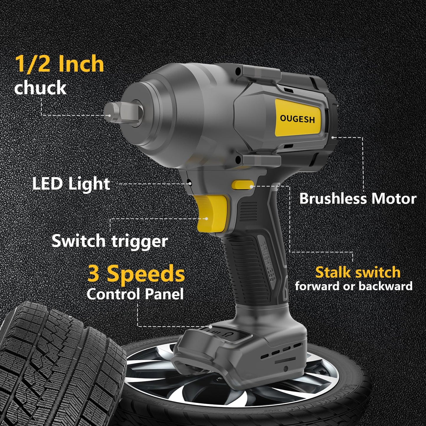 Cordless-Impact-Wrench 1/2 Inch for Dewalt Battery, 900FT-LBS(1200N.M) High Torque 1/2 Brushless Impact-Driver,Electric Impact Gun with Working Light,2800RPM (No Battery) - WoodArtSupply