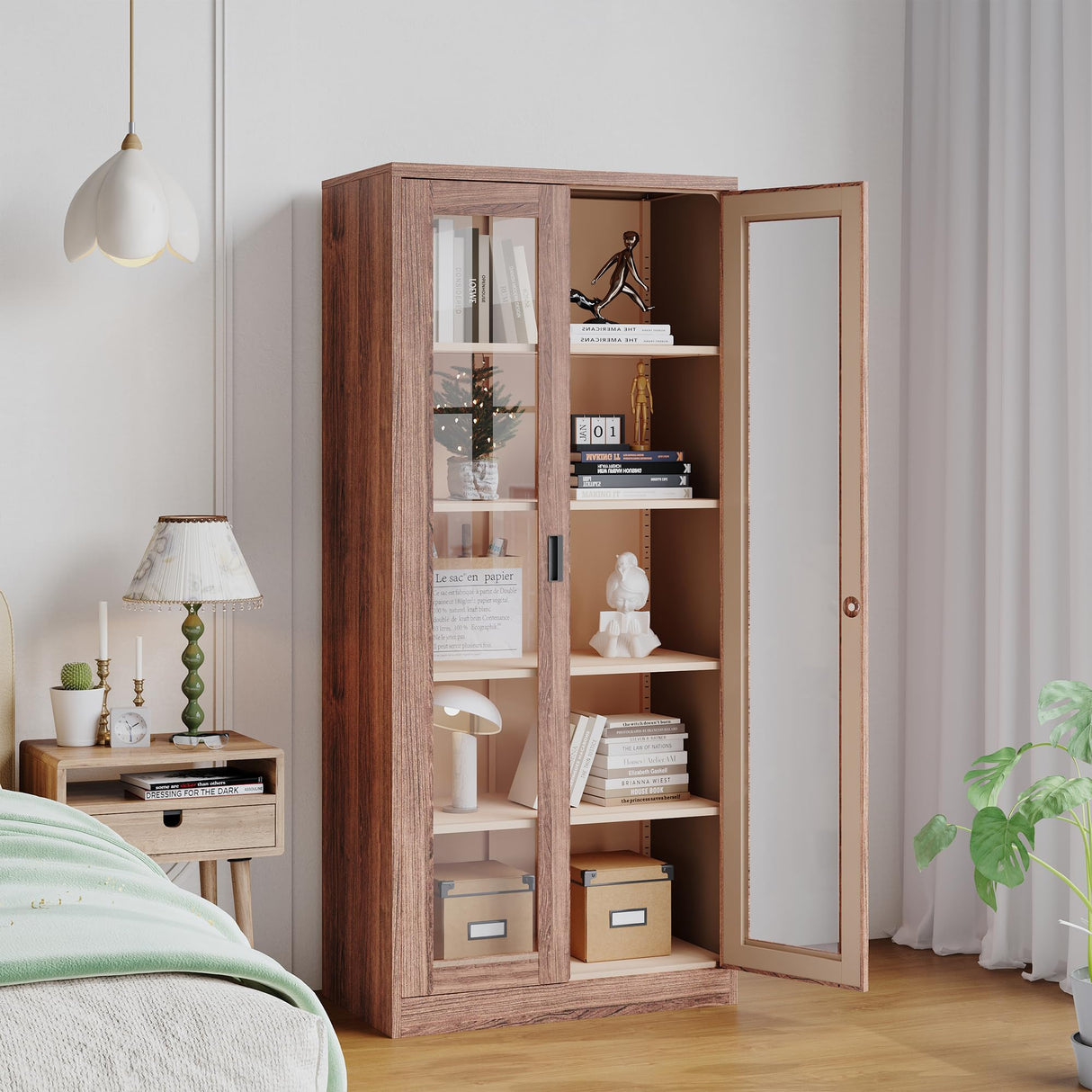 LISSIMO Glass Display Cabinet,Metal Storage Cabinet Bookcase with Glass Doors and 4 Adjustable Shelves,Curio Cabinet Liquor Cabinet with Lock for Home,Office and Exhibition Hall (Rustic Brown) LISSIMO