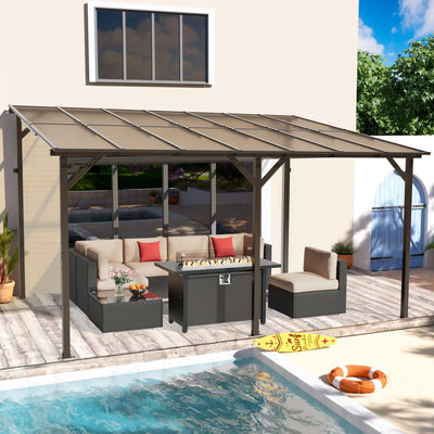 Oakcloud 10' x 14' Outdoor Wall Mounted Gazebo, Patio Lean to Gazebo Pergola with Sloped Roof, Large Heavy Duty Awning for Patio, Backyard, Deck