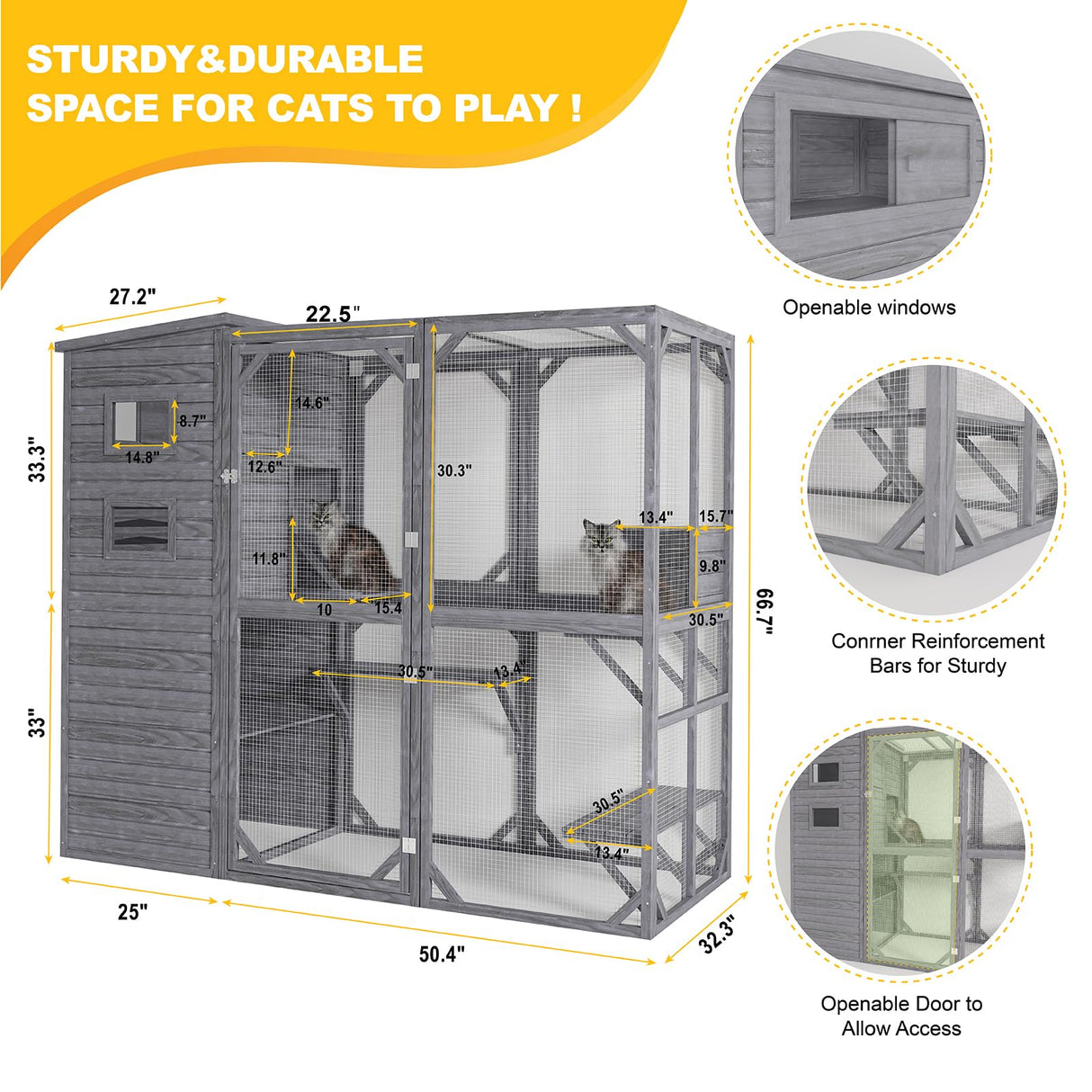 Mxsunh Large Catio Outdoor Cat Enclosure,Weatherproof Outdoor Cat House for Mulitiple Cats Play with 4 Platforms,5 Windows,Sunshine Roof,for Patio,77" L x 33.5" W x 70" H(Grey) MXSUNH