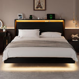 King Size Bed Frame with LED Lights & Charging Station – Wood Floating Bed Frame with Storage Headboard, Adhesive Slats, Kick-Free & Noise-Free Design, Easy Assembly, Black Einhomn