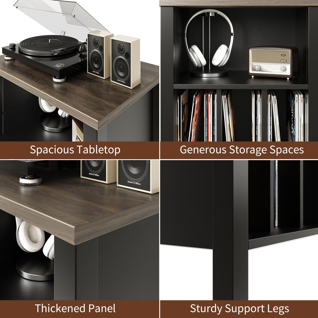 Record Player Stand, Vinyl Record Storage Table End Table with Display Shelf Holds up to 130 Albums, Large Nightstand Wood Turntable Stand Cabinet Side Table for Living Room, Bedroom, Black LIDYUK