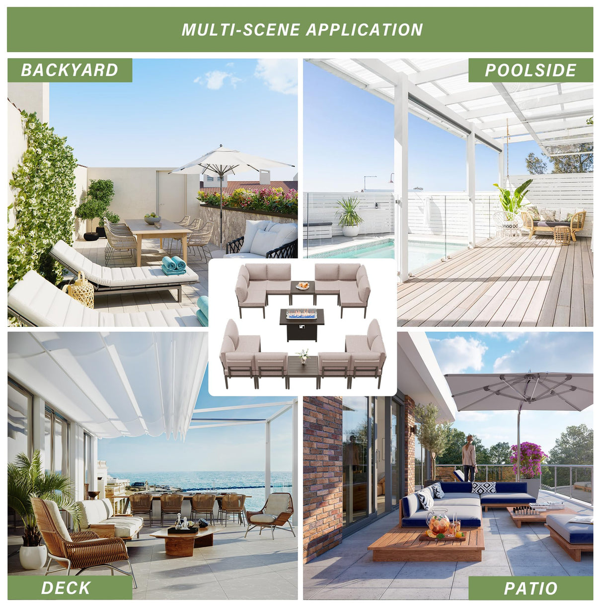 ASJMR Patio Furniture Set,15 Pieces Modern Outdoor Conversation Set w/43in Gas Fire Pit Table, Outdoor Metal Sectional Sofa with 55000 BTU Propane Fire Pit ASJMR