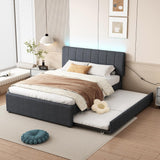 YOPTO Full Size Upholstered Platform Bed with Twin Size Trundle & USB Port,Linen Tufted Bed Frame W/Remote Control LED Light & Stripe Headboard,Wood Slats Support for Bedroom,Apartment,Dark Gray YOPTO